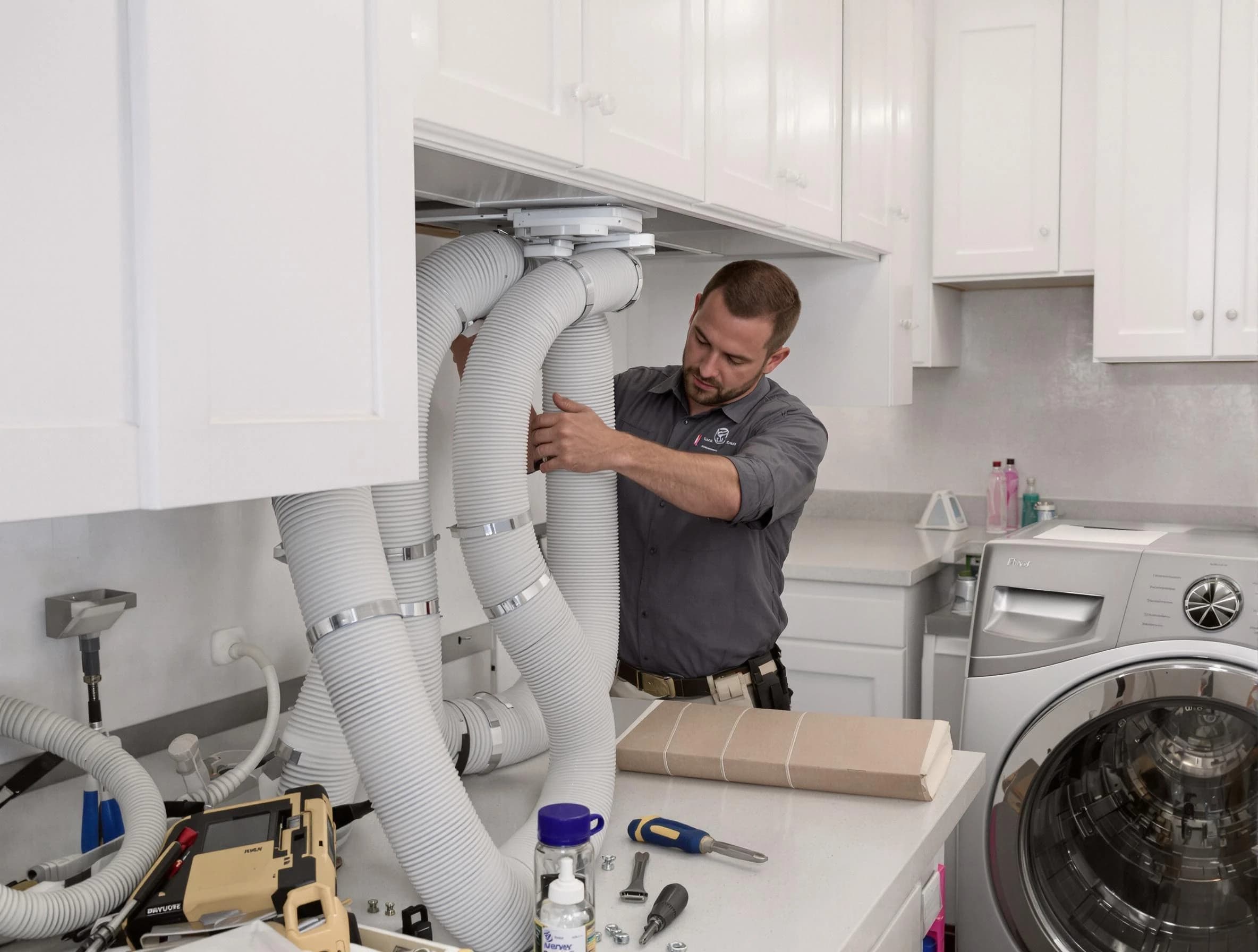 Cave Creek Dryer Vent Cleaning technician installing a new professional-grade dryer vent hose in Cave Creek