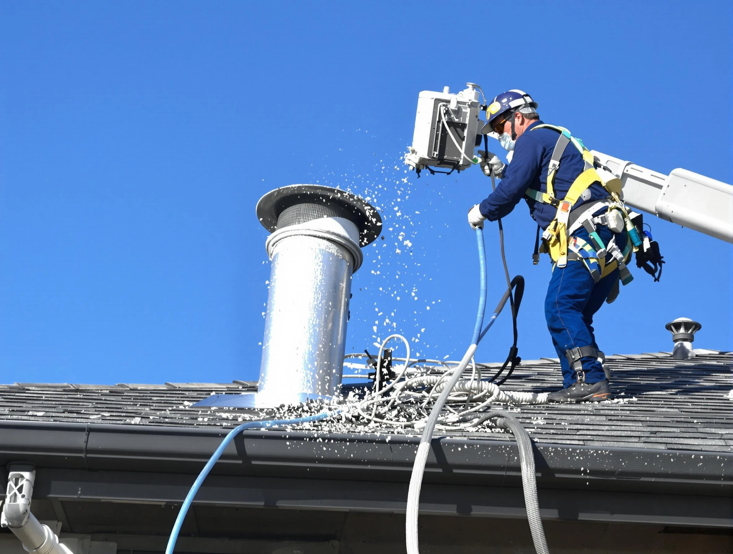 Cave Creek Dryer Vent Cleaning certified technician safely cleaning a roof-mounted dryer vent in Cave Creek